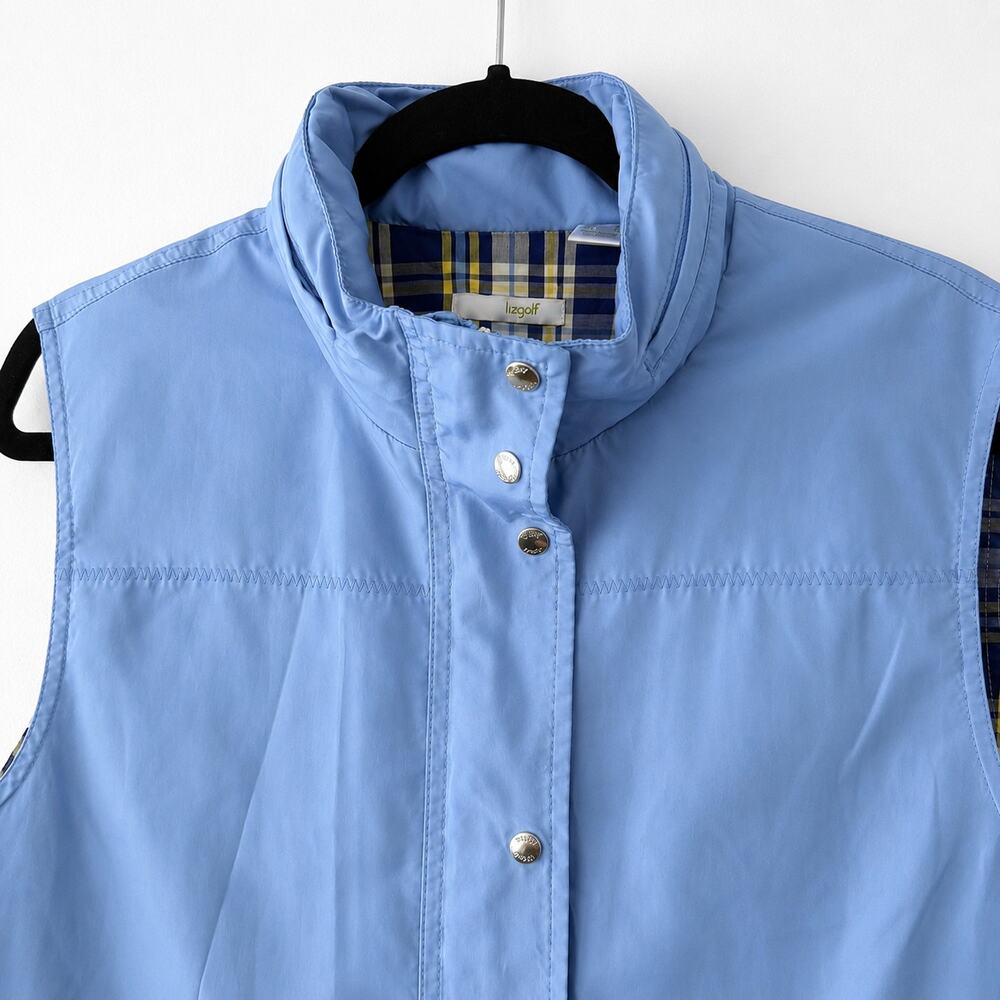 Liz Golf Vest XL Periwinkle Blue Hidden Hood Plaid Lined Snap Zip Golf Vest - Picture 2 of 9